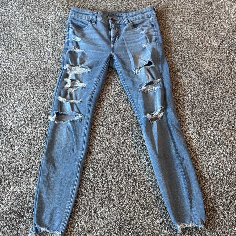 American Eagle Outfitters Distressed Skinny Jeans in Light Blue